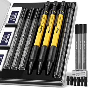 nicpro 3 pcs 1.3 mm mechanical pencils set with 36 lead refill, 3 eraser – weatherproof metal barrel, heavy duty carpenter pencil for outdoor marking drafting drawing sketching woodworking – with case