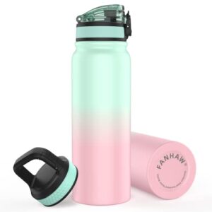fanhaw insulated water bottle for on to go – 20 oz (2 lids) dishwasher safe stainless steel double-wall vacuum leak&sweat proof school water bottles with flip lid & carabiner lid (green pink)