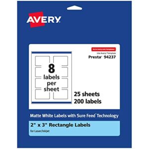 avery matte white rectangle labels with sure feed, 2″ x 3″, 200 matte white printable labels