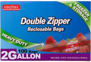 neaties heavy duty 2 gallon double zip lock bags for kitchen or storage, food storage freezer slider bags 13″x16″, 100pcs