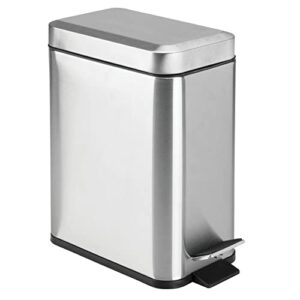 mdesign small modern 1.3 gallon rectangle metal lidded step trash can, compact garbage bin with removable liner bucket and handle for bathroom, kitchen, craft room, office, garage – brushed chrome