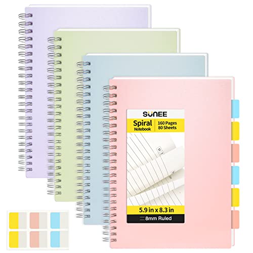 SUNEE 4 Pack Spiral Notebook - A5 Lined Journal Notebook 5.9 x 8.3 inches 8mm Ruled 80 Sheets/160 Pages - Journals for Study and Notes (pink, blue, green, purple)