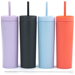 skinny tumblers (4 pack) matte pastel colored acrylic tumblers with lids and straws |16oz double wall plastic tumblers with straw cleaner included! reusable cup with straw | vinyl diy gifts