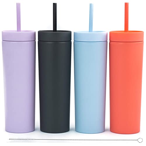 SKINNY TUMBLERS (4 pack) Matte Pastel Colored Acrylic Tumblers with Lids and Straws |16oz Double Wall Plastic Tumblers With Straw Cleaner INCLUDED! Reusable Cup With Straw | Vinyl DIY Gifts