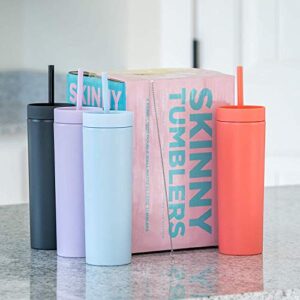 SKINNY TUMBLERS (4 pack) Matte Pastel Colored Acrylic Tumblers with Lids and Straws |16oz Double Wall Plastic Tumblers With Straw Cleaner INCLUDED! Reusable Cup With Straw | Vinyl DIY Gifts