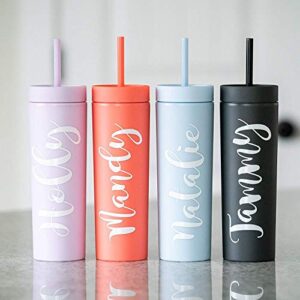 SKINNY TUMBLERS (4 pack) Matte Pastel Colored Acrylic Tumblers with Lids and Straws |16oz Double Wall Plastic Tumblers With Straw Cleaner INCLUDED! Reusable Cup With Straw | Vinyl DIY Gifts