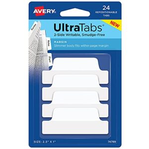 avery margin ultra tabs, 2.5″ x 1″, 2-side writable, white, 24 repositionable page tabs (74789)
