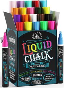 liquid chalk markers for blackboards – bold color dry erase marker pens – chalk markers for chalkboards signs, windows, blackboard, glass with 24 chalkboard labels included – 6mm reversible tip (20 pack)