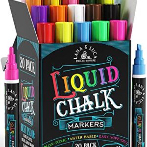 Liquid Chalk Markers for Blackboards - Bold Color Dry Erase Marker Pens - Chalk Markers for Chalkboards Signs, Windows, Blackboard, Glass with 24 Chalkboard Labels Included - 6mm Reversible Tip (20 Pack)