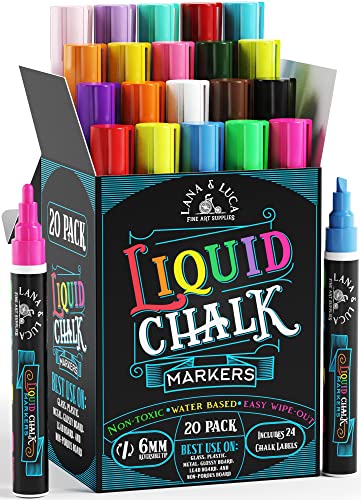 Liquid Chalk Markers for Blackboards - Bold Color Dry Erase Marker Pens - Chalk Markers for Chalkboards Signs, Windows, Blackboard, Glass with 24 Chalkboard Labels Included - 6mm Reversible Tip (20 Pack)