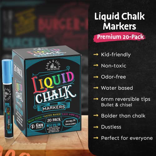 Liquid Chalk Markers for Blackboards - Bold Color Dry Erase Marker Pens - Chalk Markers for Chalkboards Signs, Windows, Blackboard, Glass with 24 Chalkboard Labels Included - 6mm Reversible Tip (20 Pack)