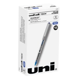 uniball vision rollerball pens with 0.7mm fine point, blue, 12 count