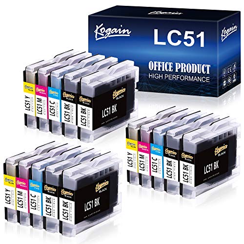 Kogain Compatible Ink Cartridges Replacement for Brother LC51 Ink Cartridges, Work for Brother MFC-240C MFC-440CN MFC-465CN MFC-665CW Printer 15-Pack (6 Black,3 Cyan, 3 Magenta, 3 Yellow)