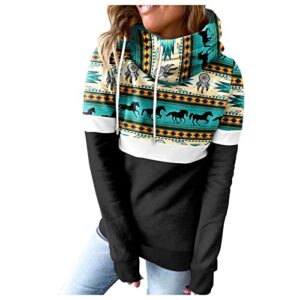 aztec hoodies for women pullover western jacket hooded sweatshirt turtleneck long sleeve shirt print tunic tops geometric horse tribal ethnic vintage color block colorblock turtle cowl high neck