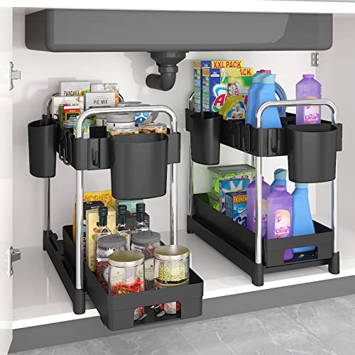 Luyata 2 Pack Under Sink Organizer, 2-Tier Pull Out Under Sink Cabinet Organizer, Sliding Drawer Basket Storage Organizer Shelf for Kitchen Bathroom, with Hooks, Hanging Cup, Dividers, Black