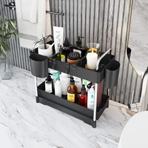 Luyata 2 Pack Under Sink Organizer, 2-Tier Pull Out Under Sink Cabinet Organizer, Sliding Drawer Basket Storage Organizer Shelf for Kitchen Bathroom, with Hooks, Hanging Cup, Dividers, Black