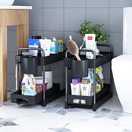 Luyata 2 Pack Under Sink Organizer, 2-Tier Pull Out Under Sink Cabinet Organizer, Sliding Drawer Basket Storage Organizer Shelf for Kitchen Bathroom, with Hooks, Hanging Cup, Dividers, Black