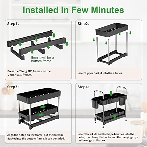 Luyata 2 Pack Under Sink Organizer, 2-Tier Pull Out Under Sink Cabinet Organizer, Sliding Drawer Basket Storage Organizer Shelf for Kitchen Bathroom, with Hooks, Hanging Cup, Dividers, Black