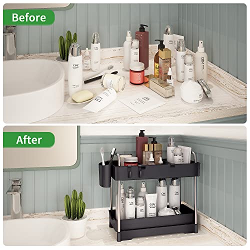 Luyata 2 Pack Under Sink Organizer, 2-Tier Pull Out Under Sink Cabinet Organizer, Sliding Drawer Basket Storage Organizer Shelf for Kitchen Bathroom, with Hooks, Hanging Cup, Dividers, Black