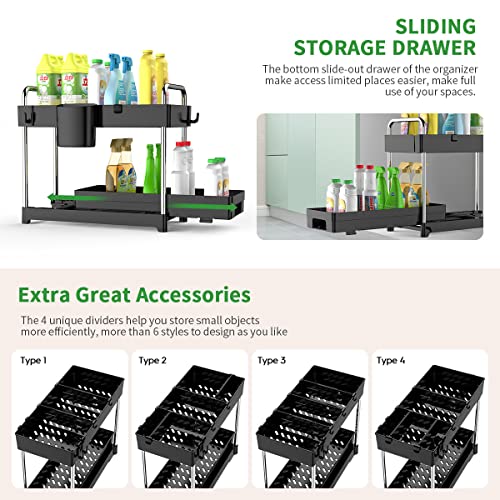 Luyata 2 Pack Under Sink Organizer, 2-Tier Pull Out Under Sink Cabinet Organizer, Sliding Drawer Basket Storage Organizer Shelf for Kitchen Bathroom, with Hooks, Hanging Cup, Dividers, Black