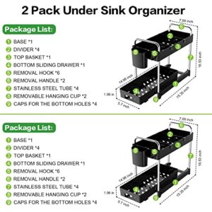 Luyata 2 Pack Under Sink Organizer, 2-Tier Pull Out Under Sink Cabinet Organizer, Sliding Drawer Basket Storage Organizer Shelf for Kitchen Bathroom, with Hooks, Hanging Cup, Dividers, Black