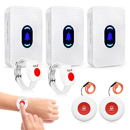 Daytech Wireless Caregiver Pager Call Button Elderly Medical Nurse Alert System for Elderly Monitoring/Seniors with 2 SOS Call Panic Buttons & 2 Watch Pagers, 500+Feet 3 Receivers