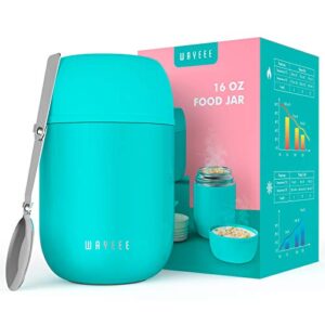 insulated food jar wayeee vacuum bento box lunch containers 16 oz for kids adults, stainless steel leak proof wide mouth food soup thermos with spoon keeps food hot cold for school travel picnic -blue