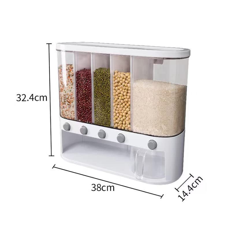 Xilei Dry Food Dispenser,Wall mounted 5 Grid Cereal Dispenser,Rice dispenser 25 pounds Kitchen Storage with Measuring Cup