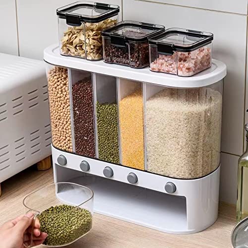 Xilei Dry Food Dispenser,Wall mounted 5 Grid Cereal Dispenser,Rice dispenser 25 pounds Kitchen Storage with Measuring Cup