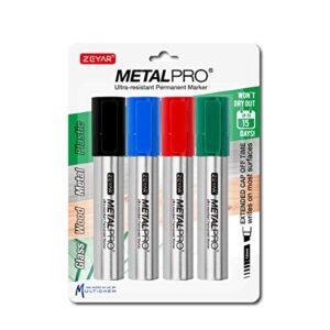 ZEYAR Permanent Markers, JUMBO Size, Aluminum Barrel, Set of 4, Waterproof & Smear Proof Markers, Writes on most surfaces (Black, Blue, Red, Green)