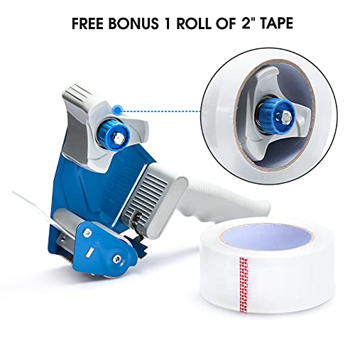 Packing Tape Dispenser Gun, Pacific Mailer 3 Inch Tape Gun Dispenser with 3 Inch Carton Packing Tape, Lightweight Industrial Side Loading Tape Dispenser - Blue