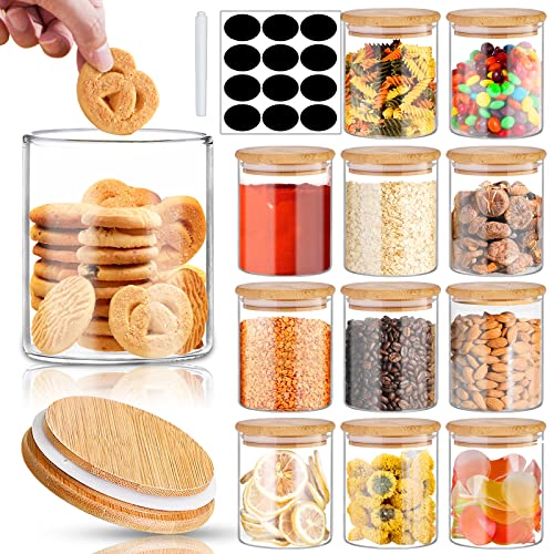 SLifeJars - Glass Jars with Bamboo Lids 16 oz, 12pcs Glass Food Storage Jars with Rewritable Labels, Bamboo Lid Jars for Kitchen Storage, Glass Food Storage Containers with Bamboo Lids for Herbs