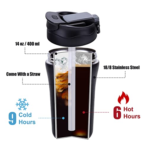 14 oz Travel Coffee Mug, 2 Pack Vacuum Insulated Coffee Travel Mug Spill Proof with Lid and Straw, Reusable Coffee Tumbler for Keep Hot/Ice Coffee,Tea and Beer, Car Thermos Cup Gift for Christmas