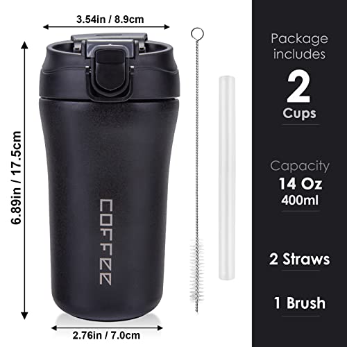 14 oz Travel Coffee Mug, 2 Pack Vacuum Insulated Coffee Travel Mug Spill Proof with Lid and Straw, Reusable Coffee Tumbler for Keep Hot/Ice Coffee,Tea and Beer, Car Thermos Cup Gift for Christmas