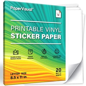 papervisual printable permanent vinyl paper – 20 sticker sheets for printer – matte white waterproof sticker paper – thick tear-resistant sticker printer paper – laser, inkjet printable sticker paper