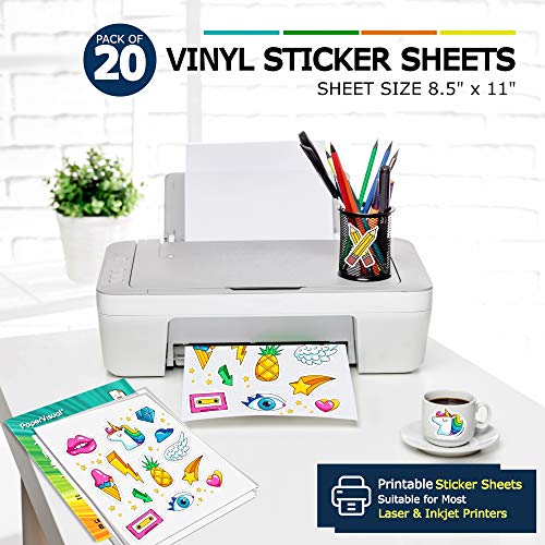 PAPERVISUAL Printable Permanent Vinyl Paper - 20 Sticker Sheets For Printer - Matte White Waterproof Sticker Paper - Thick Tear-Resistant Sticker Printer Paper - Laser, Inkjet Printable Sticker Paper