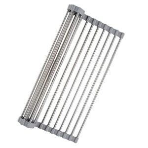 higeek roll up dish drying rack over the sink dish rack kitchen rolling dish drainer over sink, foldable sink rack mat stainless steel wire dish drying rack for kitchen sink counter (17.5”x11.8”)