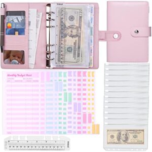 budget binder cash envelope system – a6 pink leather binder with 6 rings, 12 clear cash envelopes 12 budget sheets complete money organizer set money planner, expense tracker, saving & budgeting set