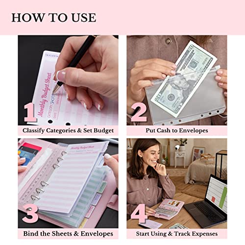 Budget Binder Cash Envelope System - A6 Pink Leather Binder with 6 Rings, 12 Clear Cash Envelopes 12 Budget Sheets Complete Money Organizer Set Money Planner, Expense Tracker, Saving & Budgeting Set