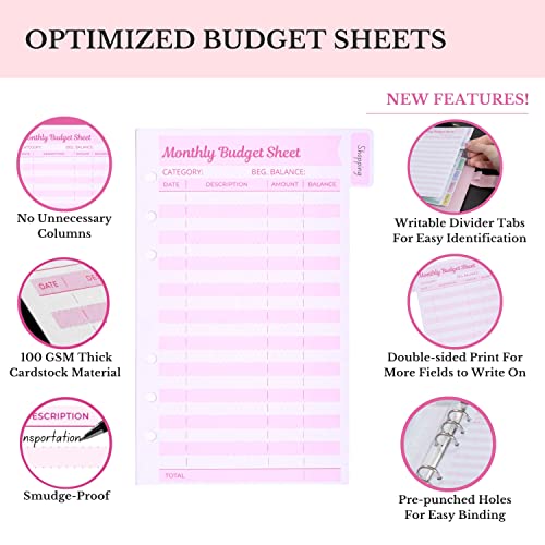 Budget Binder Cash Envelope System - A6 Pink Leather Binder with 6 Rings, 12 Clear Cash Envelopes 12 Budget Sheets Complete Money Organizer Set Money Planner, Expense Tracker, Saving & Budgeting Set