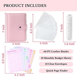 Budget Binder Cash Envelope System - A6 Pink Leather Binder with 6 Rings, 12 Clear Cash Envelopes 12 Budget Sheets Complete Money Organizer Set Money Planner, Expense Tracker, Saving & Budgeting Set