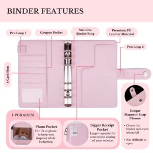 Budget Binder Cash Envelope System - A6 Pink Leather Binder with 6 Rings, 12 Clear Cash Envelopes 12 Budget Sheets Complete Money Organizer Set Money Planner, Expense Tracker, Saving & Budgeting Set