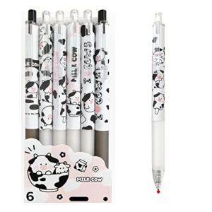 cute pens kawaii 0.5mm black ink gel pens fine point smooth writing ballpoint for office school supplies nice fun gifts for kids girls women pens for journaling，pack of 6pcs (little milky cow)