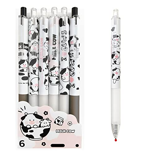 Cute Pens Kawaii 0.5mm Black Ink Gel Pens Fine Point Smooth Writing Ballpoint for Office School Supplies Nice Fun Gifts for Kids Girls Women Pens for Journaling，Pack of 6pcs (Little Milky Cow)