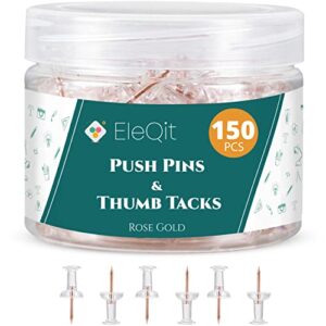 150 clear push pins – plastic head thumb tacks with steel point used as wall tacks for hanging, maps, cork board, bulletin boards, office or dorm essentials (rose gold)