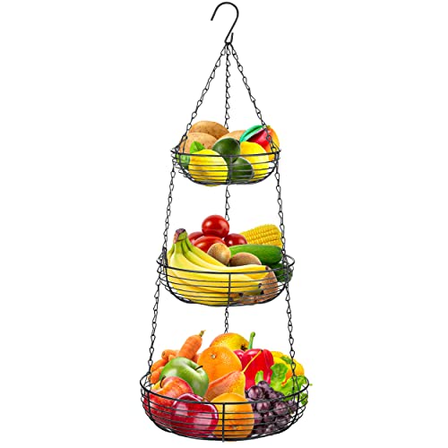 Home Intuition 3-Tier Hanging Fruit Product Basket with Heavy Duty Wire and 2 Metal Ceiling Hooks, Round, Black