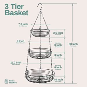 Home Intuition 3-Tier Hanging Fruit Product Basket with Heavy Duty Wire and 2 Metal Ceiling Hooks, Round, Black