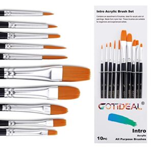 gotideal paint brush set, 10 pcs round pointed tip, small nylon hair brushes for acrylic, watercolor, oil and gouache，body, face nail art, detailing and rock painting, perfect for kids & adult