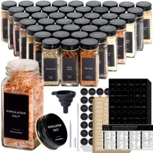laramaid 4oz 24pack spice jars with 455 black vinyl spice labels, shaker lids dispenser with airtight black metal caps, cleaning brush and collapsible silicone funnel complete set