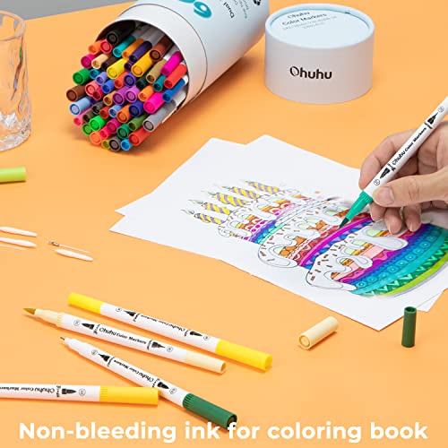 Ohuhu Markers for Adult Coloring Books: 60 Colors Dual Brush Fine Tips Art Marker Pens - Watercolor Markers for Kids Adults Lettering Drawing Sketching Bullet Journal - Non-Bleed Non-Toxic - White